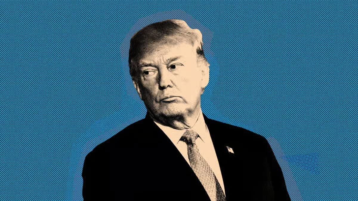 Digitally altered portrait of a man in a suit with American flag pin, set against a blue halftone dotted background