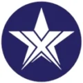 Stylized white star with geometric angles and X shape in center on dark blue circular background
