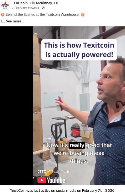 Behind-the-scenes image of TexitCoin warehouse in McKinney TX showing a man pointing at stacked boxes and equipment with caption about powering TexitCoin