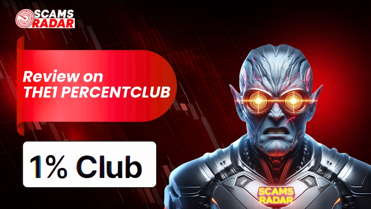 Scams Radar graphic for The1 Percentclub Review featuring futuristic robotic figure with financial chart background
