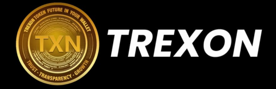 TREXON Token logo featuring gold TXN coin with text Trust, Transparency, Growth and bold TREXON branding on black background