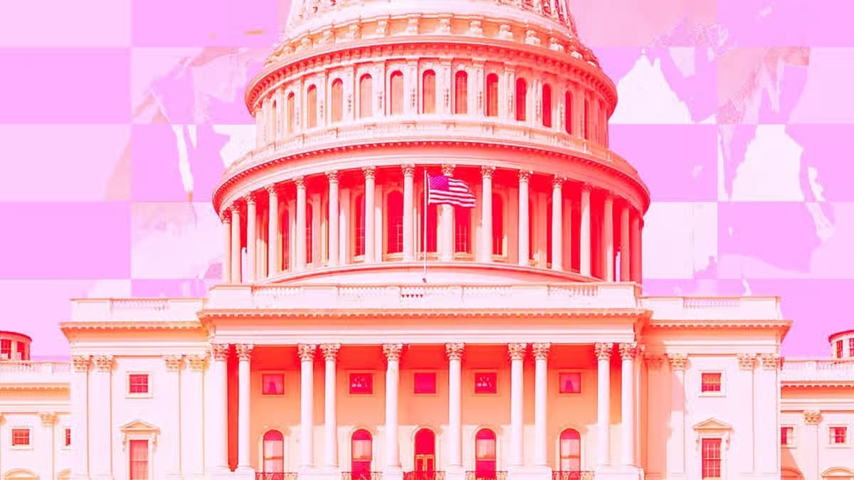 Stylized image of the United States Capitol building with pink and red tones and checkered background highlighting American democracy
