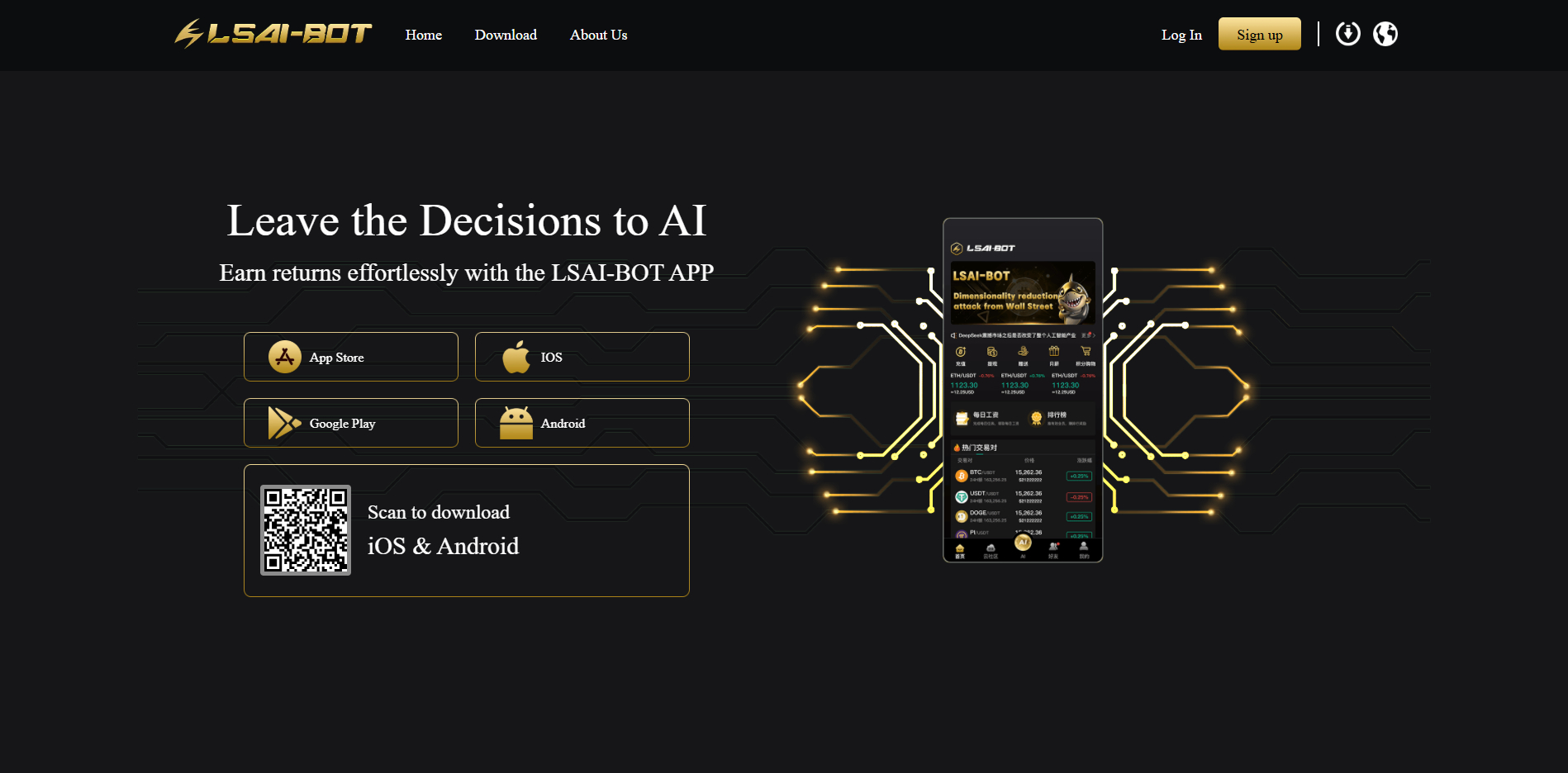 Uslsai Review promotional webpage for LSAI-BOT app showing cryptocurrency trading interface, download options for iOS and Android, and sleek black-gold design.