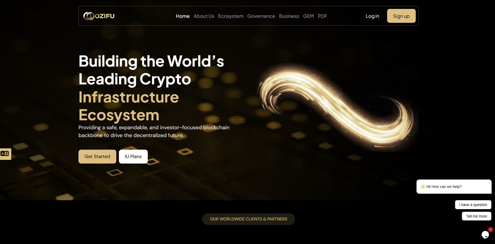 Uslsai Review screenshot of Ozifu crypto website homepage featuring dark background, golden accents, and headline about building blockchain infrastructure ecosystem.