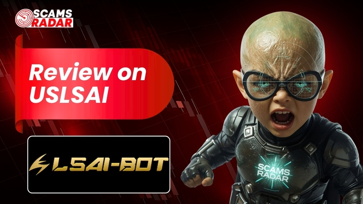 Promotional graphic for Uslsai Review featuring Scams Radar branding, futuristic child character in high-tech suit, and LSAI-Bot logo.