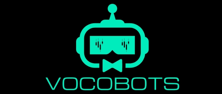 Voco Bots official logo with AI trading bot icon and cryptocurrency chart inside visor