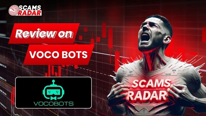 Voco Bots review by Scams Radar showing scam analysis and trading bot warning graphic
