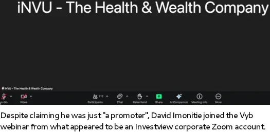 Vyb webinar screenshot showing iNVU branding and David Imonitie joining via an Investview Zoom account