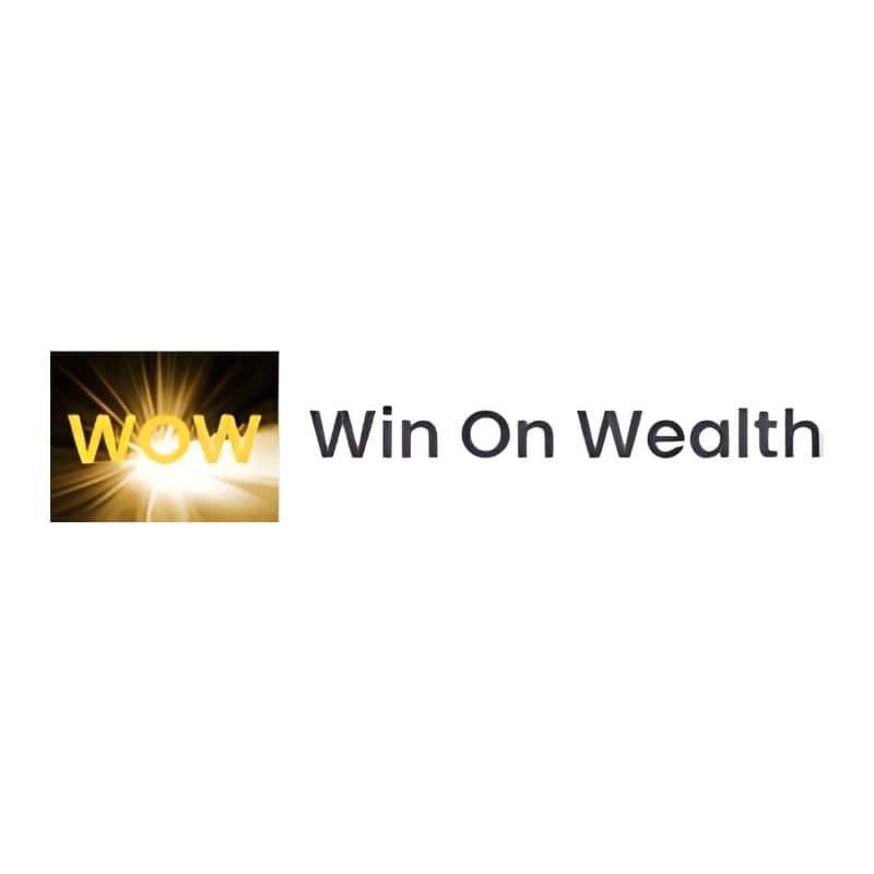 Logo with bold yellow WOW letters featuring a hand symbol inside the O, radiant background with light beams, and text Win On Wealth in modern font