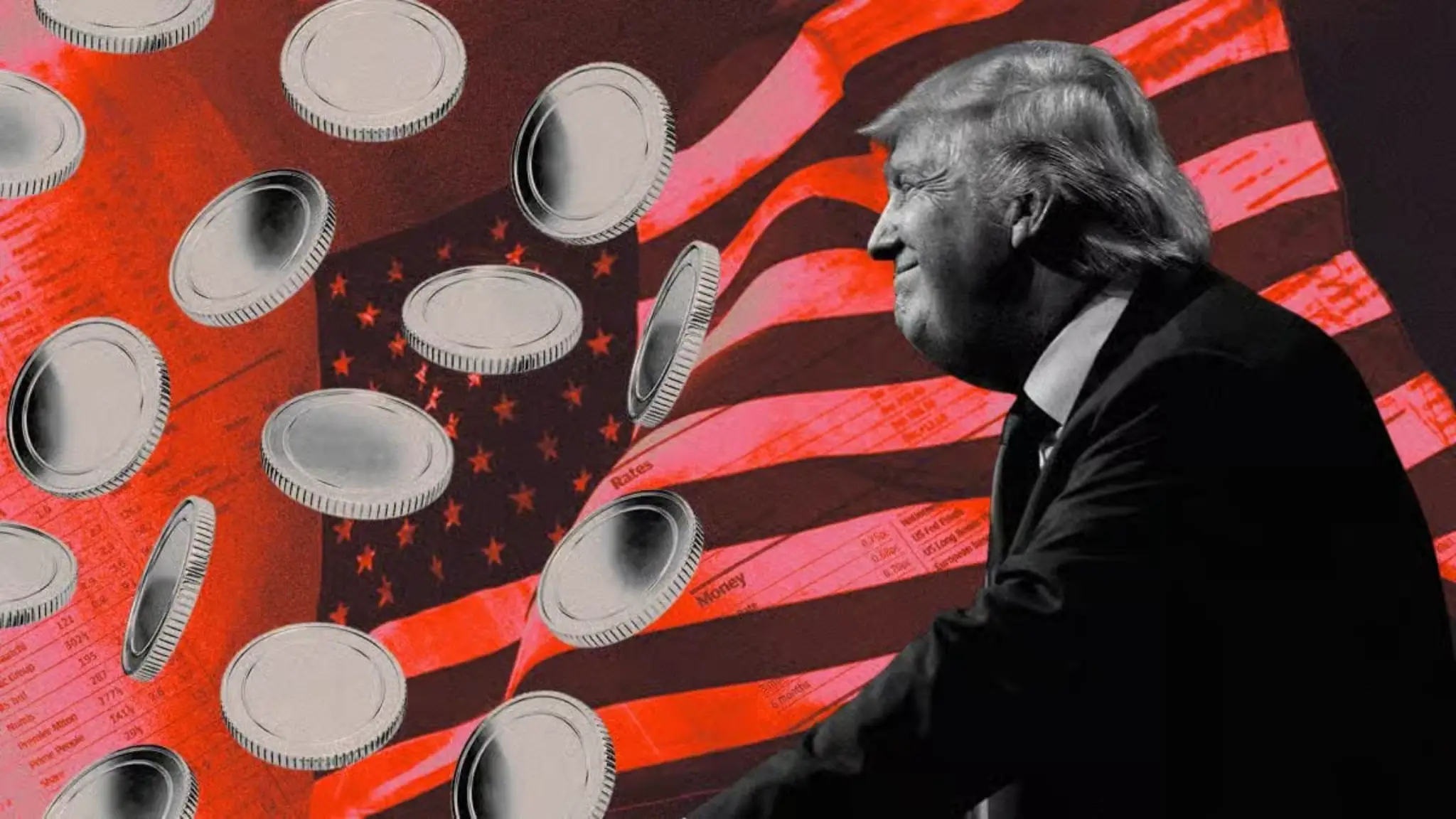 401k crypto access 2026 concept showing Trump with US flag and coins symbolizing Bitcoin and digital assets in retirement plans