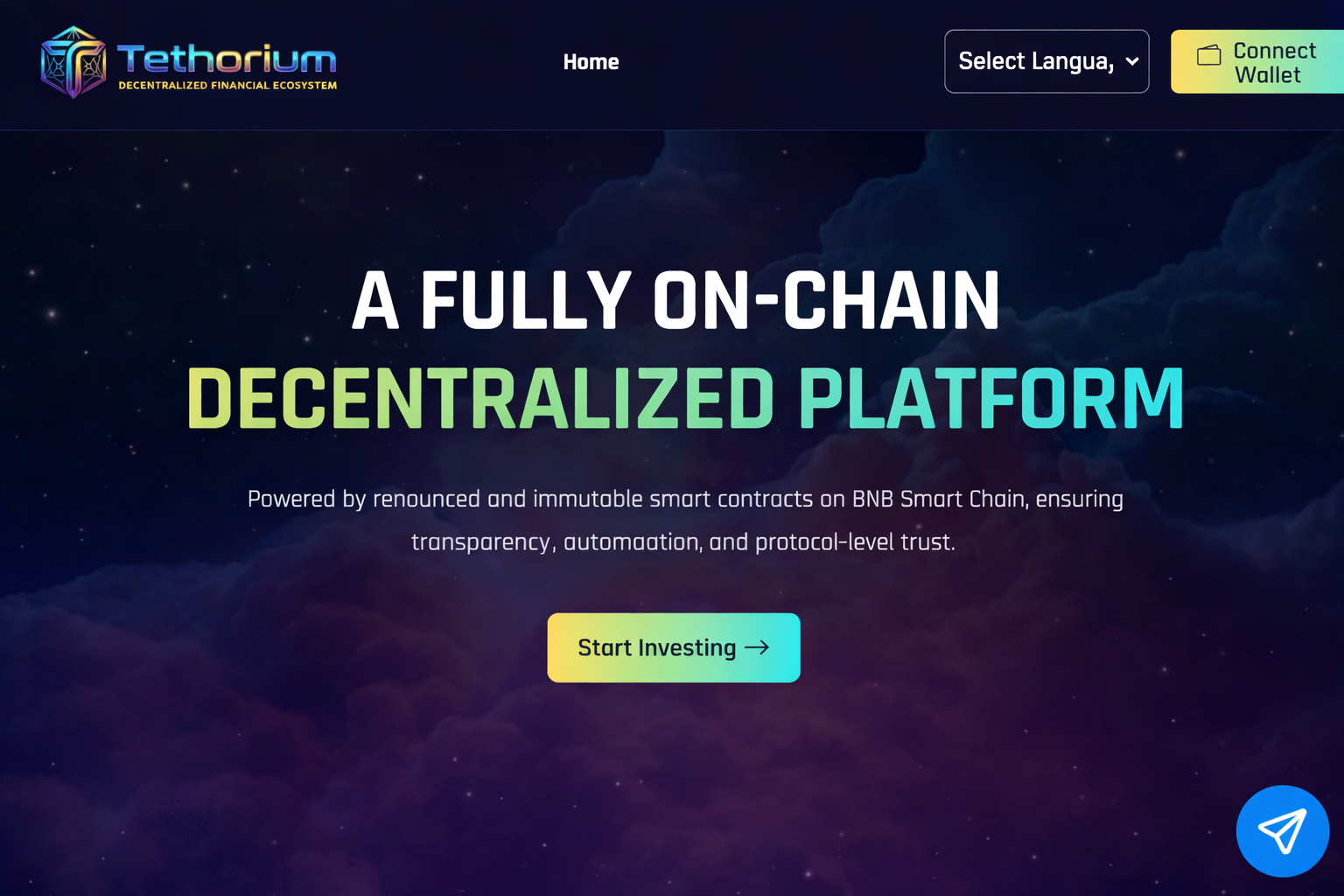 Tethorium platform homepage showcasing decentralized features, powered by BNB Smart Chain, with investment options.