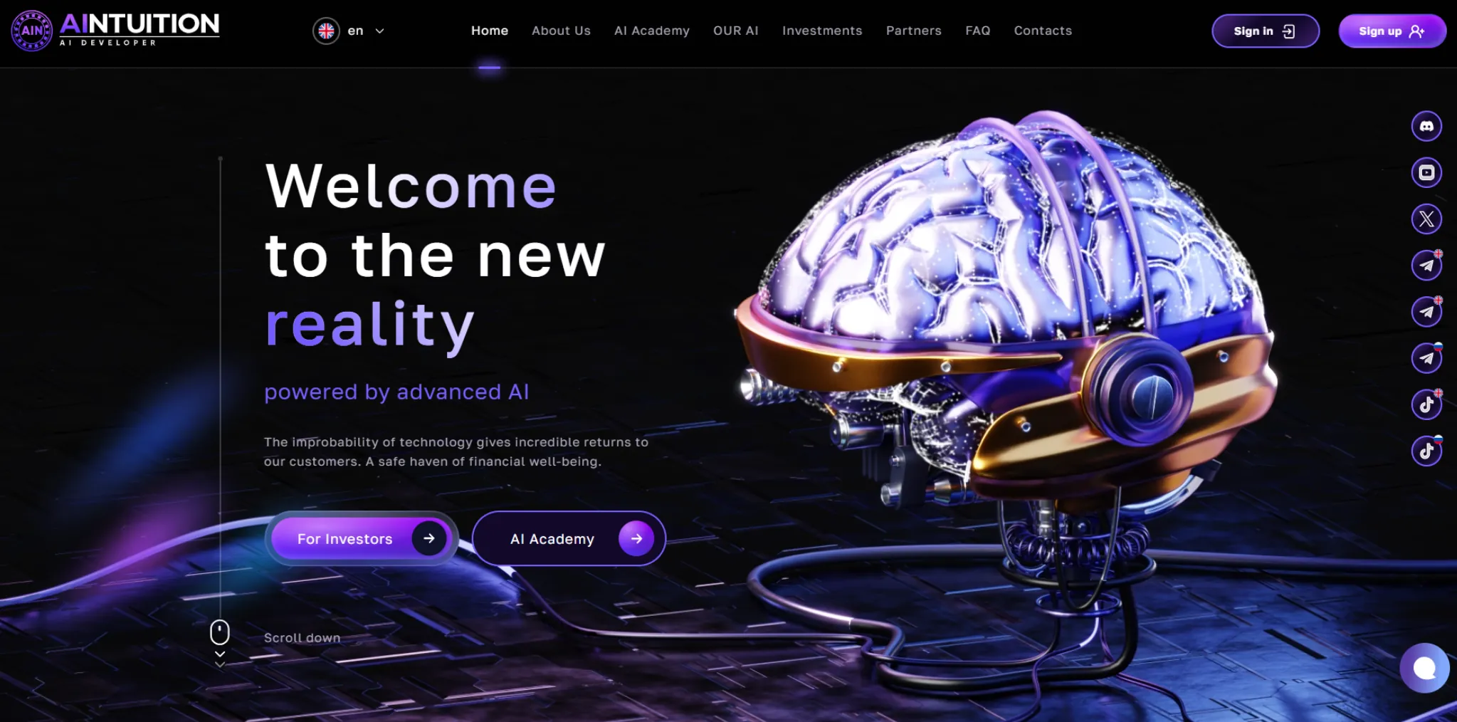 Aintuition AI Developer platform homepage dashboard showing AI technology interface in Aintuition AI Developer review
