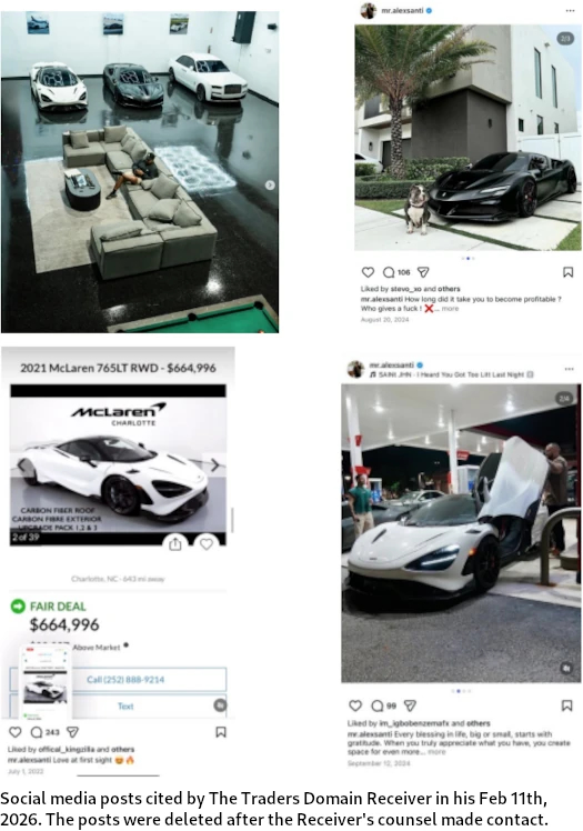 Collage of Alex Santi’s Instagram posts showing McLaren cars and captions linked to Traders Domain case