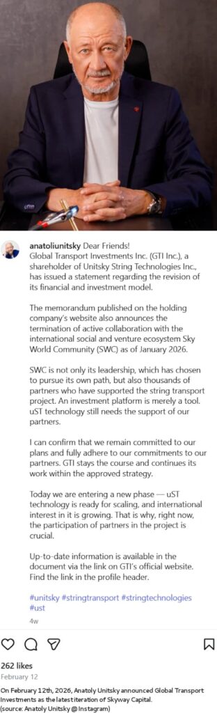 Anatoly Unitsky announcing GTI Global Transport Investments statement about Skyway Capital investment model revision in 2026