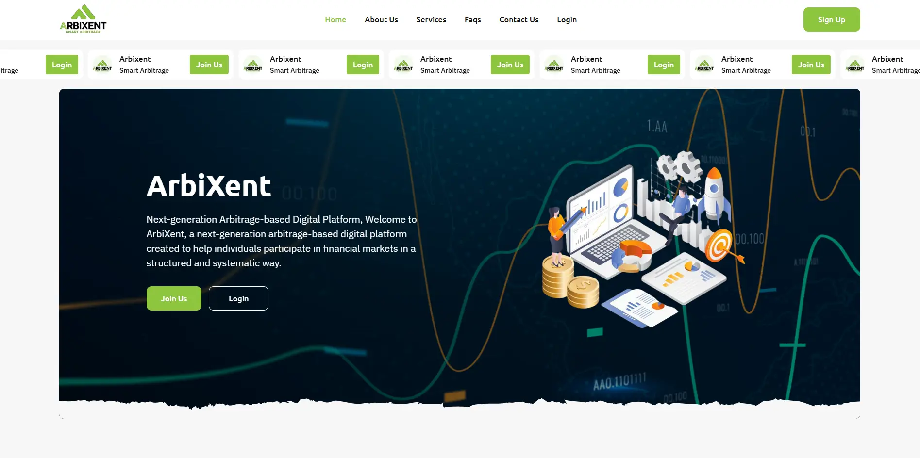 Arbixent arbitrage trading platform homepage showing digital dashboard, financial charts, and automated crypto investment system