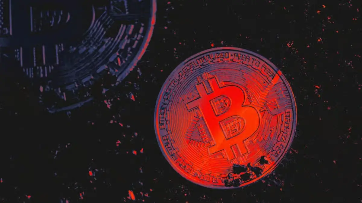 Bitcoin coin illustration showing market downturn as Bitcoin slumps to $66,000 amid oil price surge and geopolitical tensions