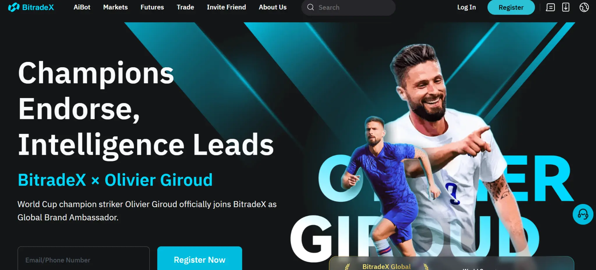 Bitradex platform promoting partnership with World Cup champion Olivier Giroud as global brand ambassador.