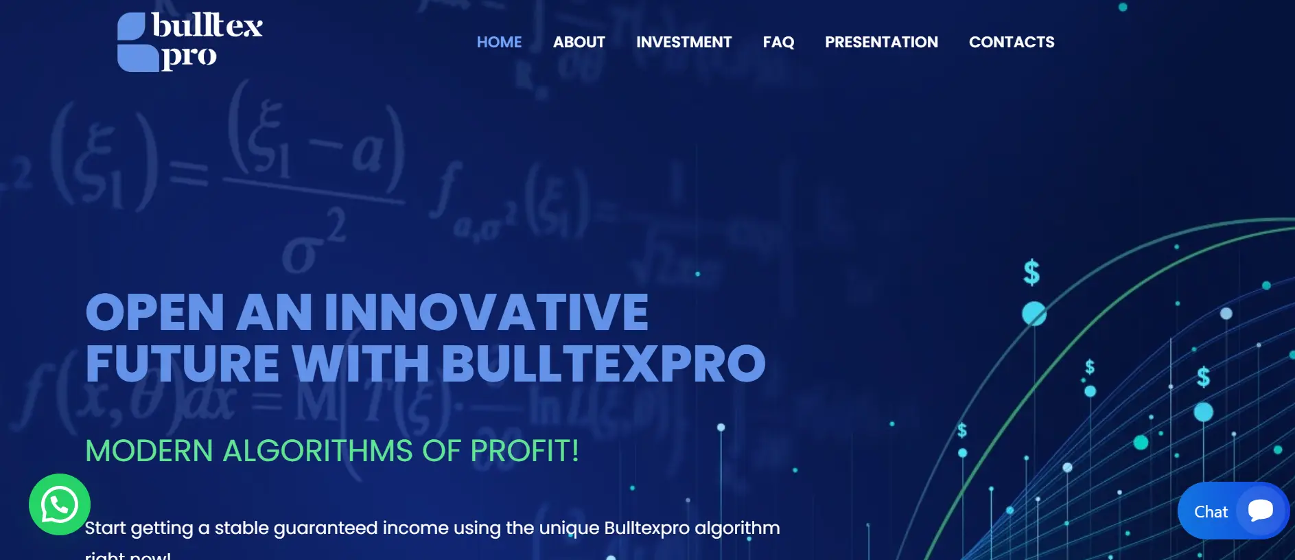 Bulltex Pro investment platform homepage promoting algorithm-based profit system.