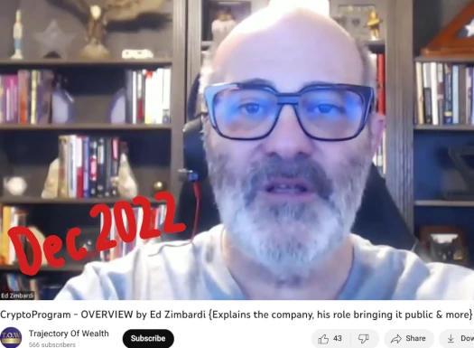 Ed Zimbardi explaining CryptoProgram overview in December 2022 video with bookshelf background