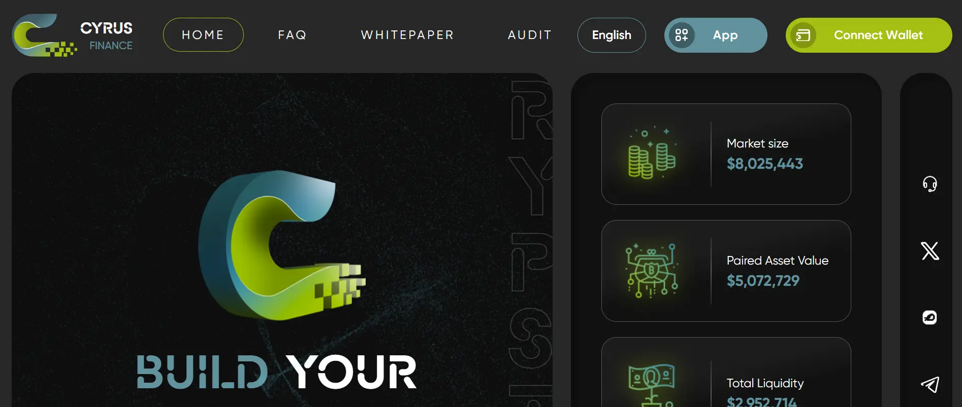 Cyrus Finance website dashboard showing market size, paired asset value, and liquidity statistics.