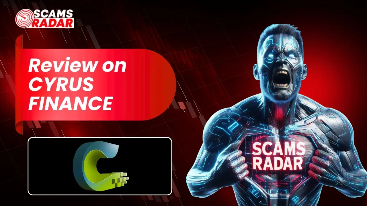 Cyrus Finance review banner showing scam analysis and warning about the Cyrus Finance platform.