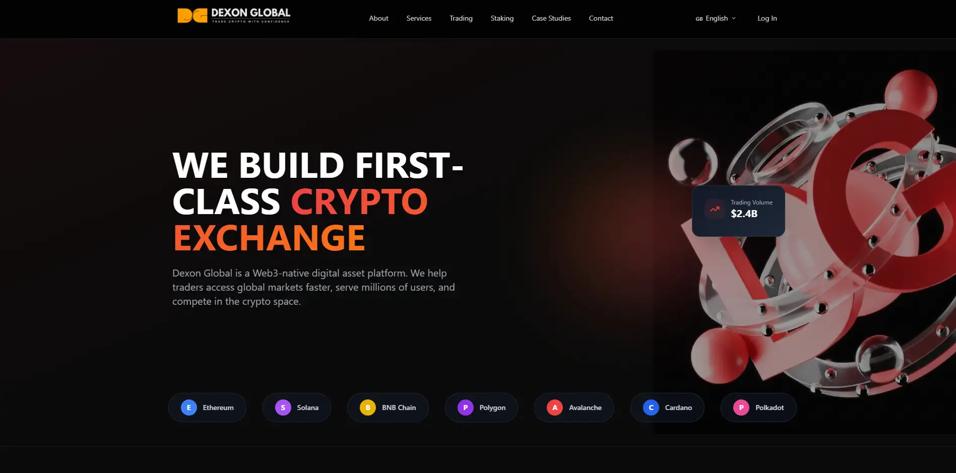 Dexon Global crypto exchange website interface showing trading platform and highlighting scam review warning for investors