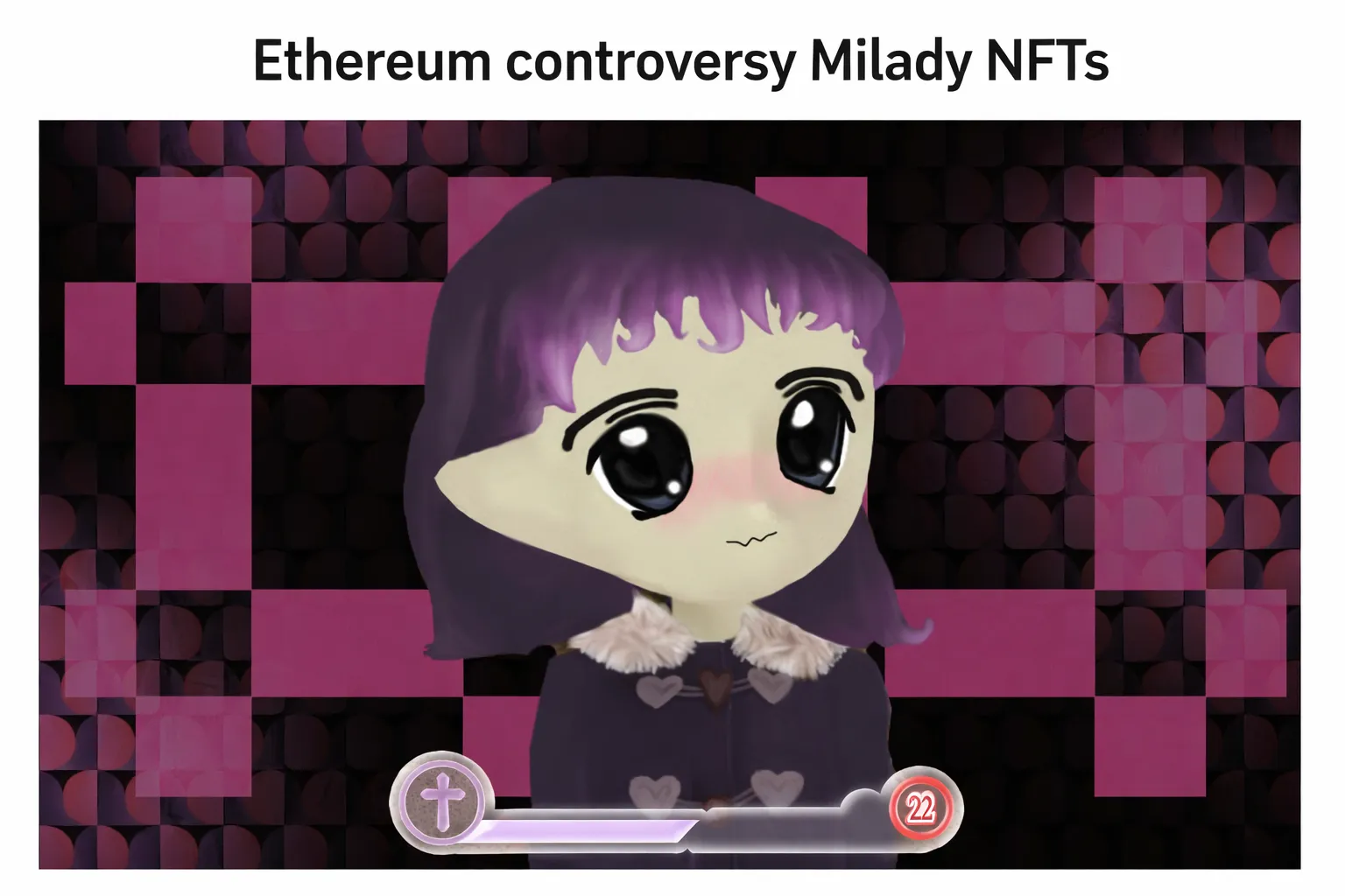 Alt Text: Anime-style character with purple hair in Ethereum Milady NFTs controversy aesthetic