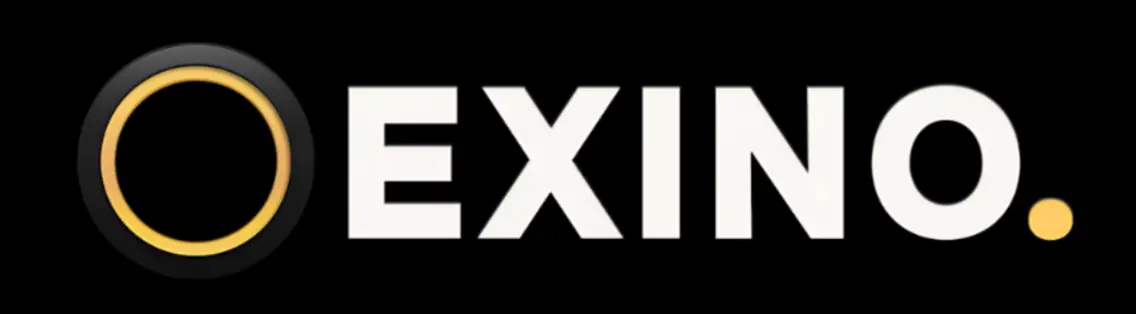 Exino logo with circular gold icon and white text on black background