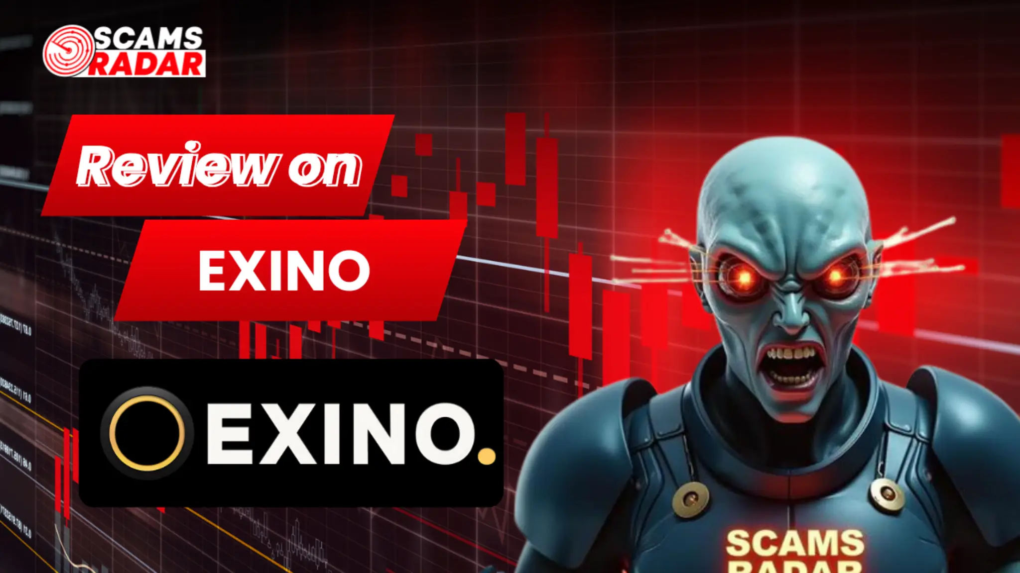 Review on Exino with scam radar theme and futuristic character