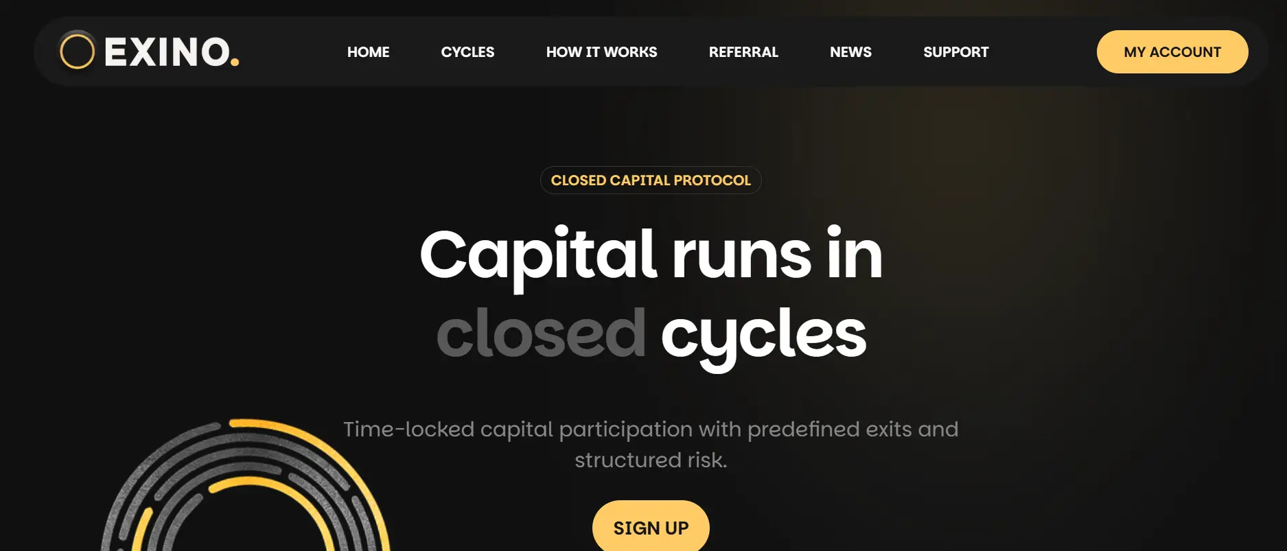Exino website showing closed capital protocol and investment cycles