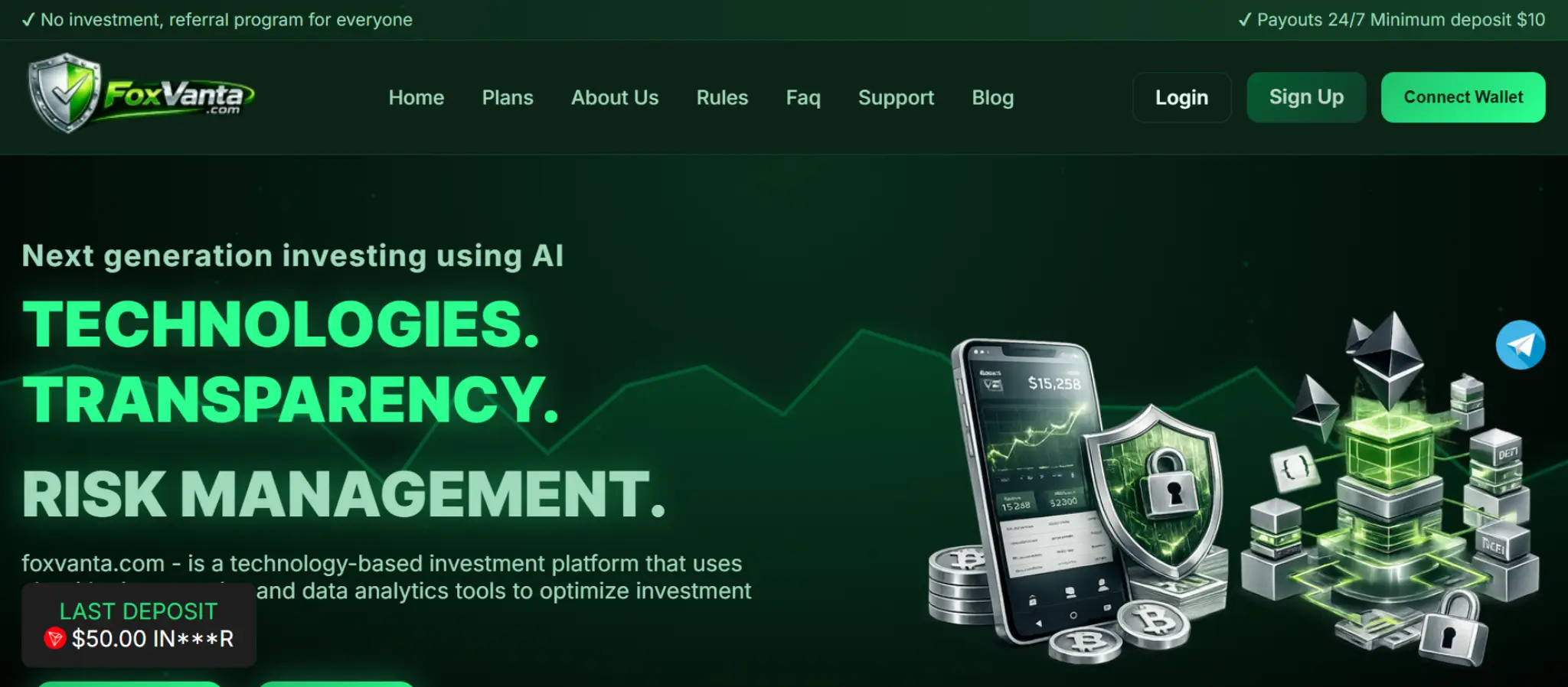 FoxVanta investment platform dashboard showing AI investing technology and risk management features.