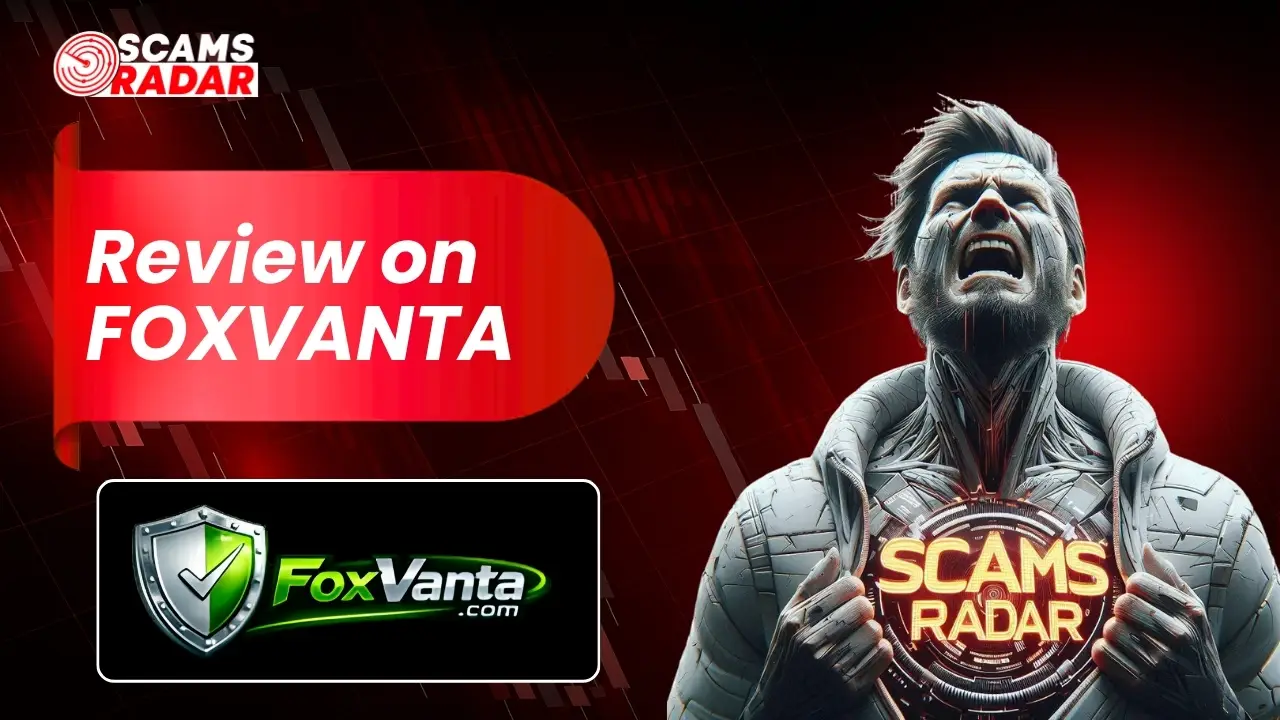 FoxVanta review banner showing FoxVanta logo with scam warning analysis by Scams Radar.