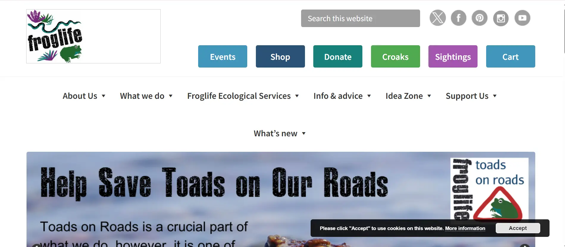 Froglife website homepage showing navigation menu, services, and conservation initiatives.
