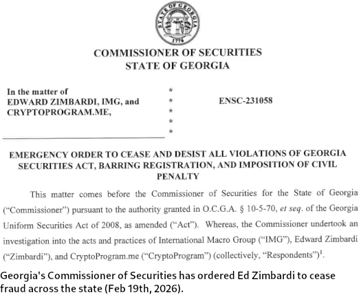 Official Georgia Securities Commissioner emergency order against Edward Zimbardi, IMG, and CryptoProgram.me