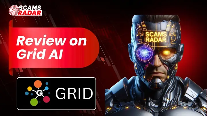 Grid AI review showing scam analysis by Scams Radar with futuristic AI figure and Grid logo