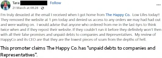 Happy Co collapse promoter alleges unpaid debts to companies and representatives after sudden shutdown
