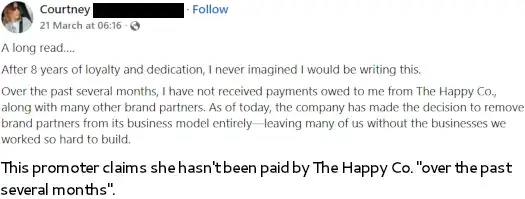 Happy Co collapse promoter says she has not been paid for several months after business changes