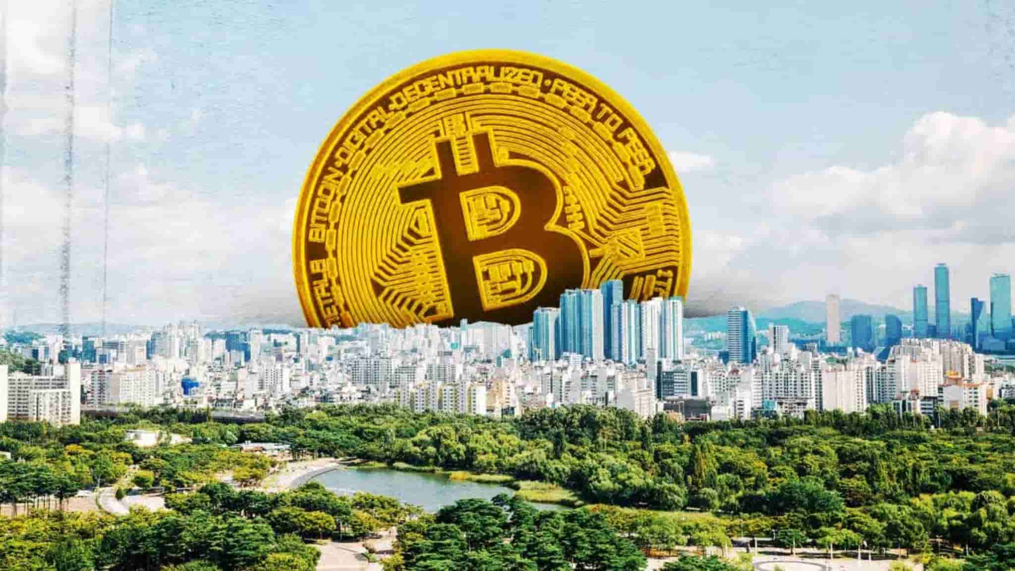 South Korea city skyline with a large Bitcoin symbol representing seized Bitcoin sold by prosecutors