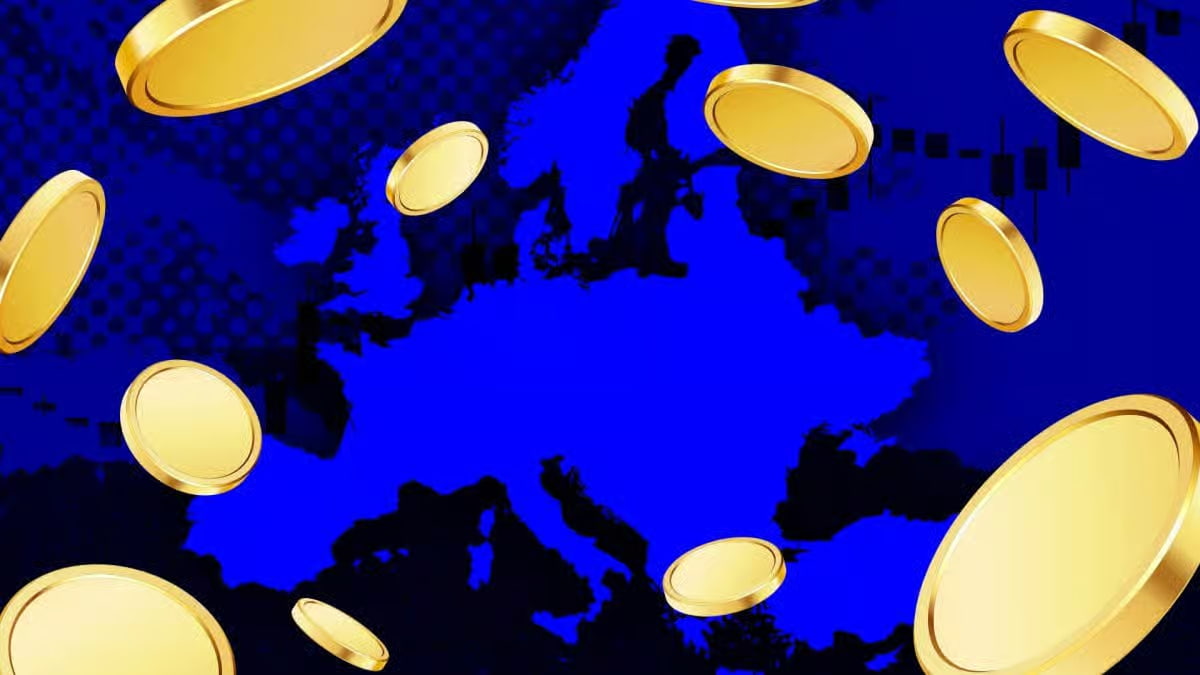 Digital coins over Europe map representing tokenized settlement modernization in European financial markets