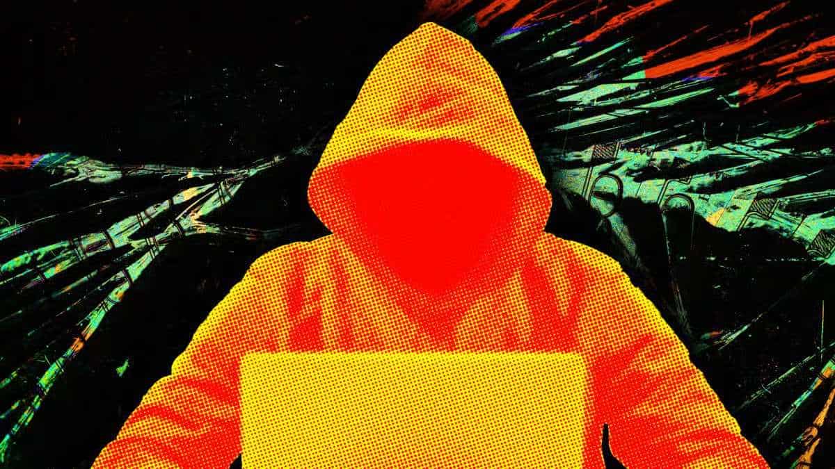 Anonymous hacker wearing hoodie using laptop in dark cyber environment illustration