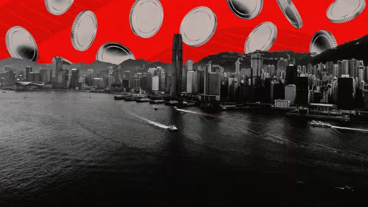 Hong Kong skyline with digital coins symbolizing Hong Kong stablecoin licenses for HSBC and Standard Chartered