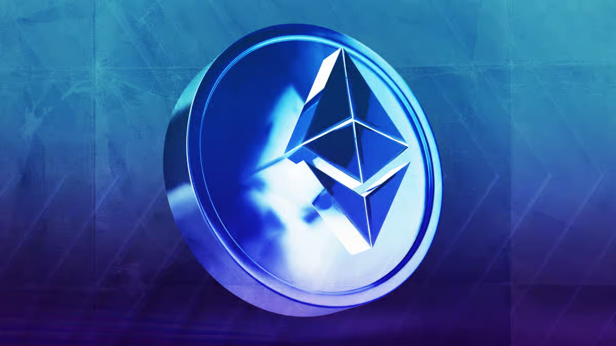 Stylized Ethereum coin in metallic blue with futuristic digital background