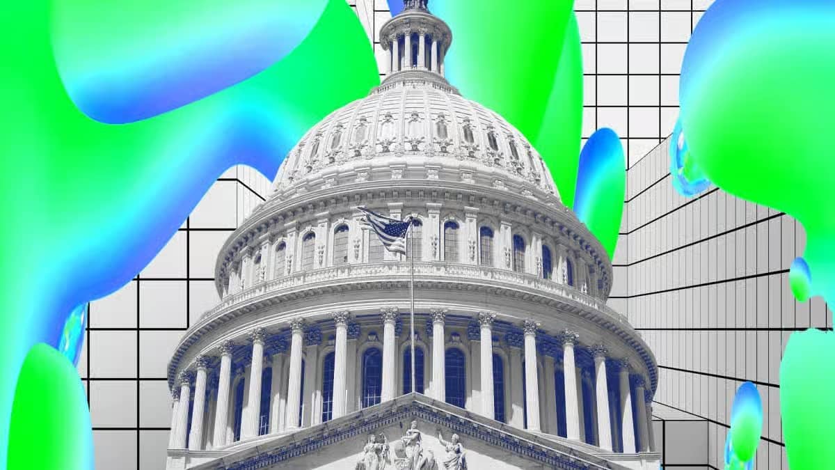 United States Capitol dome with American flag and surreal futuristic digital background in green and blue gradients