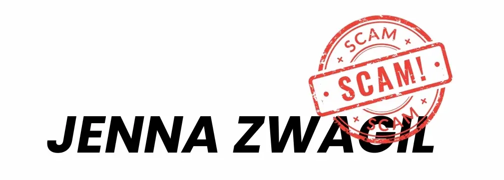 Jenna Zwagil scam investigation graphic showing a red scam warning stamp related to Zater Capital and Zionix Global controversy