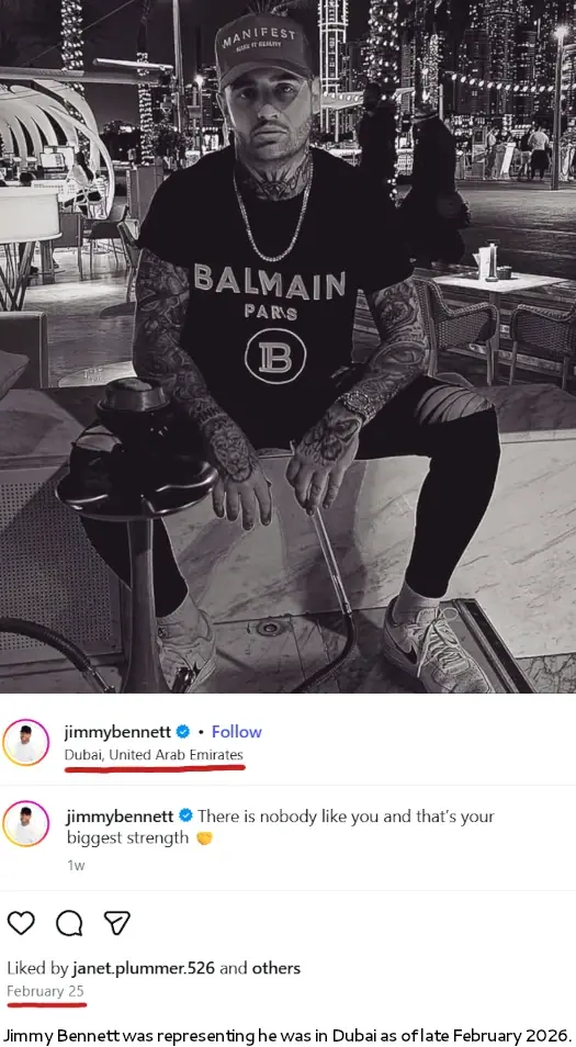 Jimmy Bennett Instagram post showing location in Dubai linked to Manifest Loans operation