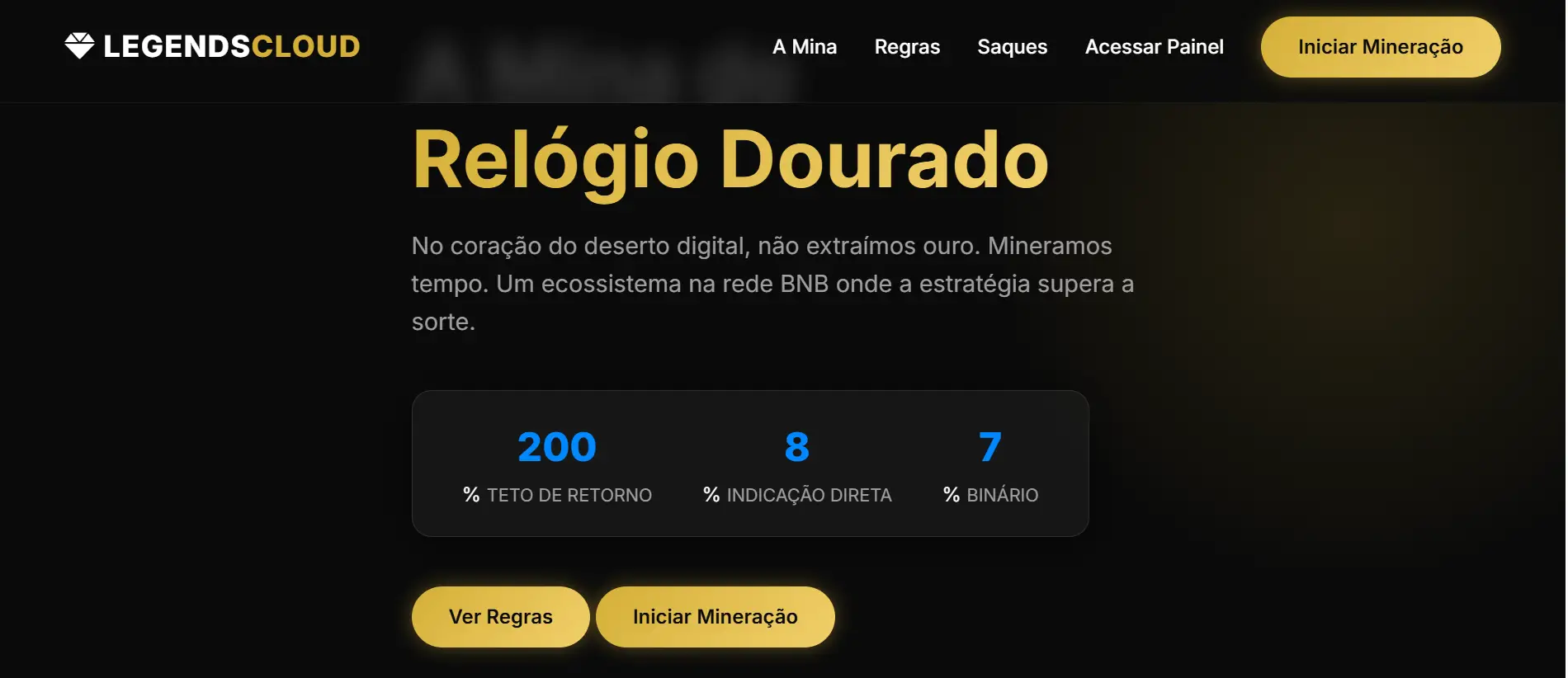 LegendsCloud dashboard showing mining returns, referral percentages, and platform interface.