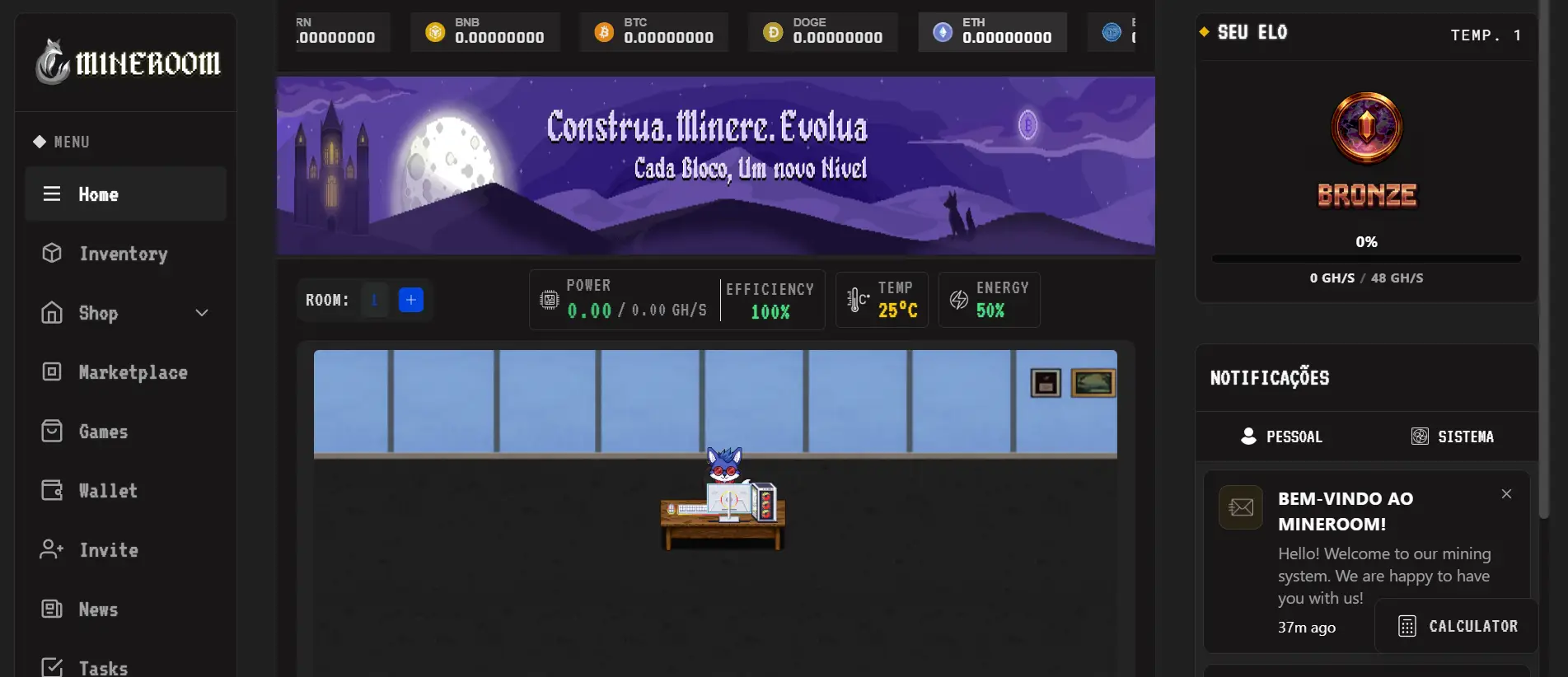 Mineroom crypto mining dashboard showing mining room, power stats, efficiency, and crypto balances.