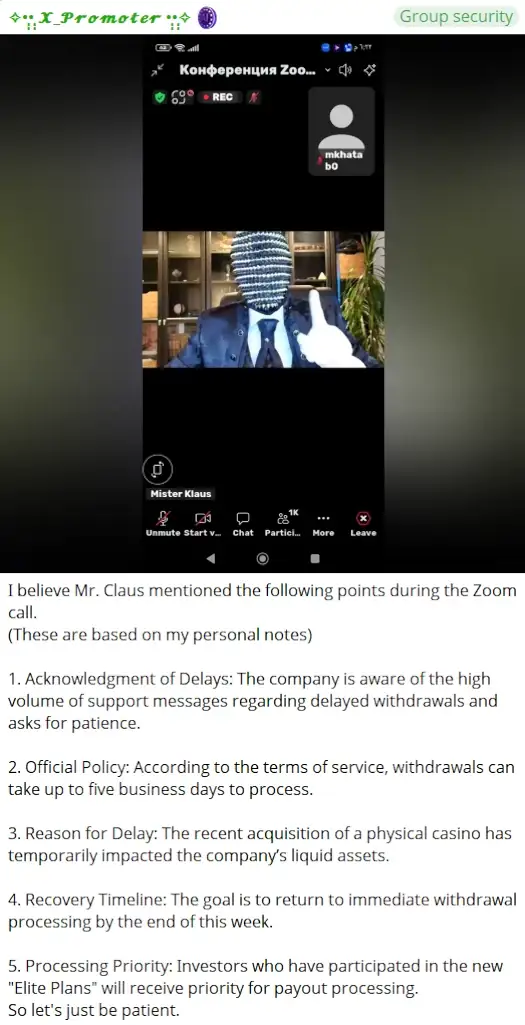 Mister Klaus Zoom call screenshot explaining delayed crypto investment withdrawals and elite plan priority payouts