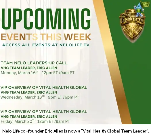 Nelo Life upcoming events promoting Eric Allen as Vital Health Group leader after company collapse