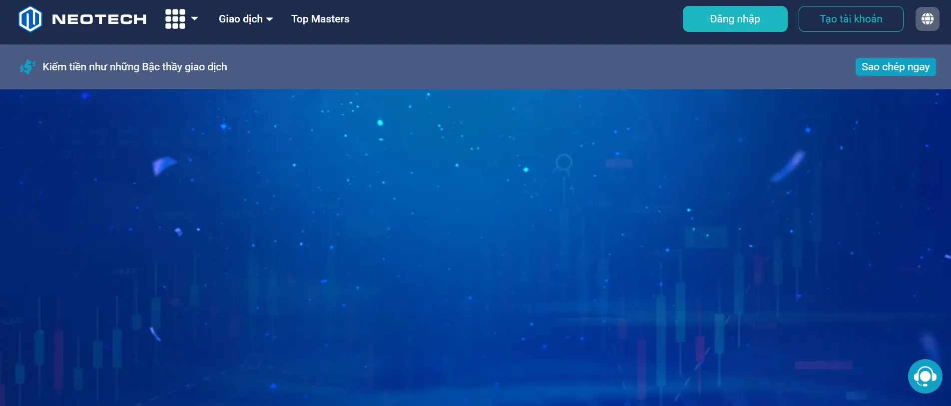 Neotech trading platform dashboard showing trading interface and market chart background.